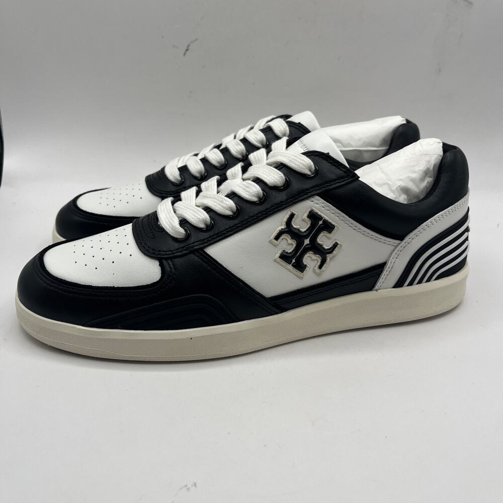 TORY BURCH CLOVER COURT SNEAKER Black White Women’s Leather Shoes US Sz 8M NWOBT
